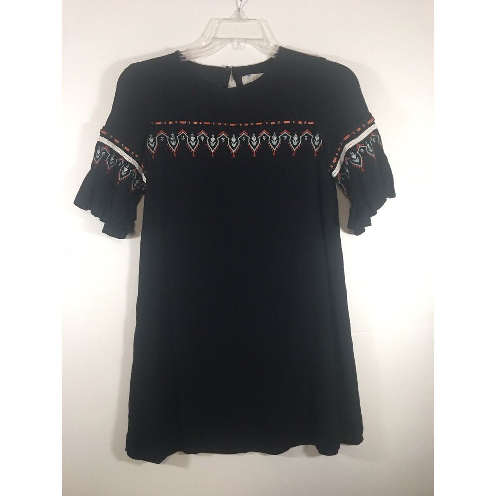 LOFT Black Elbow-length Sleeve Dress with Embroidered Accents XS